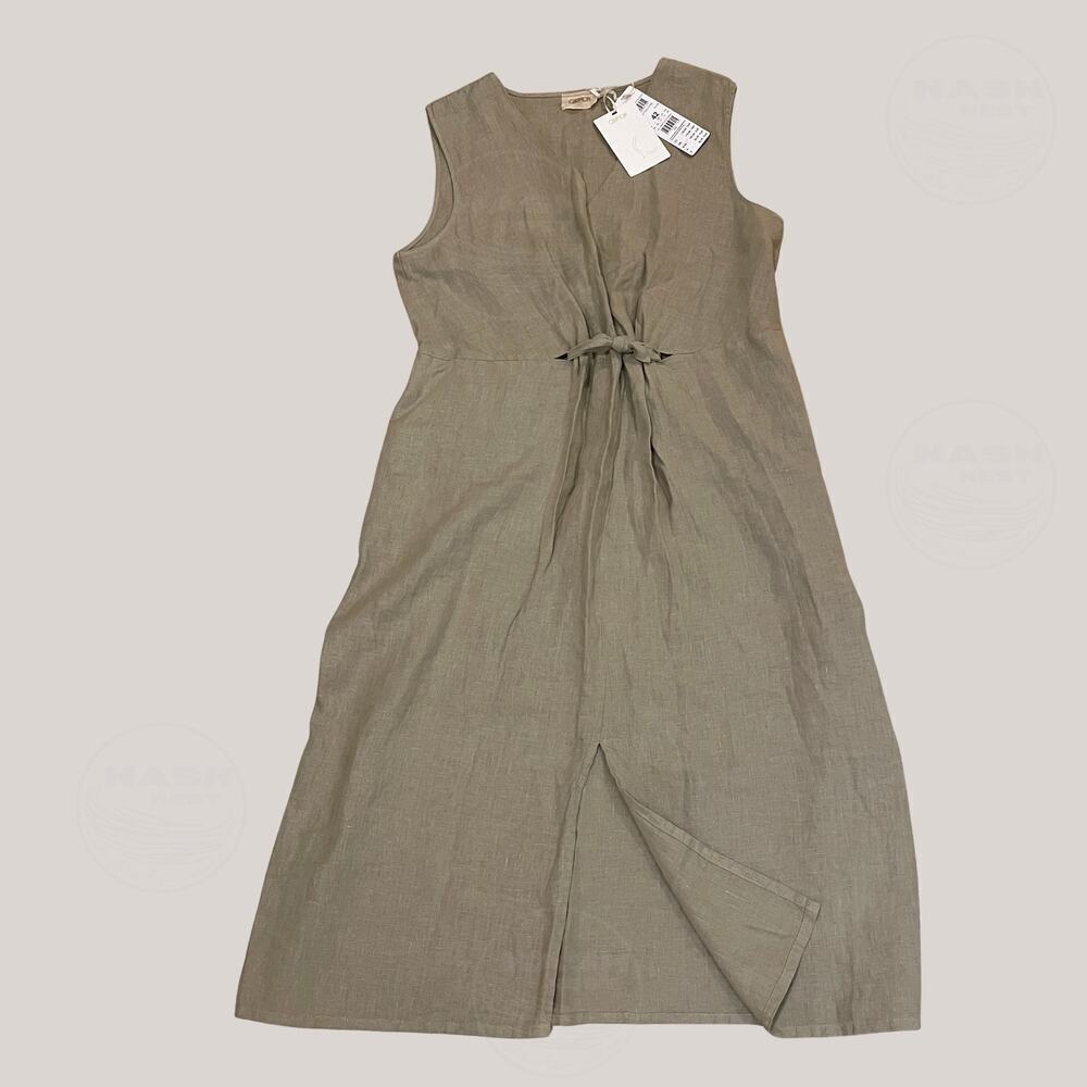 Cartoon 100% Linen Midi Dress 42, US 14 L | Minimalist, Pockets, Khaki NWT